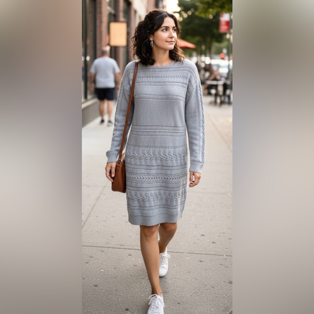 Sundance Womens S‎ Gray Crochet Open Cable Knit Tunic Silk Sweater Dress Midi